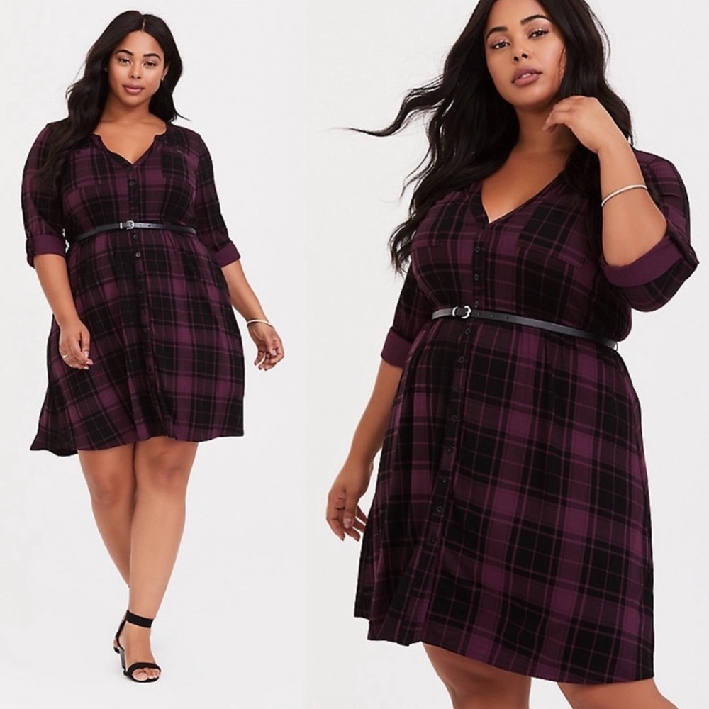 Torrid Maroon Red Black Plaid Long Sleeve Button Front Shirt Dress Size 0 #221‎